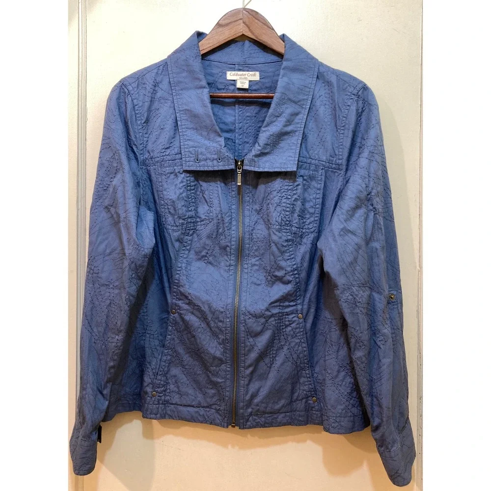 Coldwater Creek Shaped Jacket Womens 12 Blue Embroidered Cotton Zip Up Boho Chic